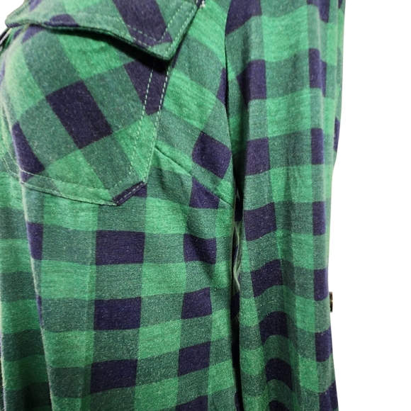 Womens DJT Soft Stretchy Green and Blue Plaid Button-Up Shirt Roll Up Sleeve M - Picture 3 of 8